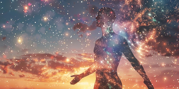 Kosmische Energie in menschlicher Form bei Sonnenuntergang Das Universum und die menschliche Verbindung visualisiert