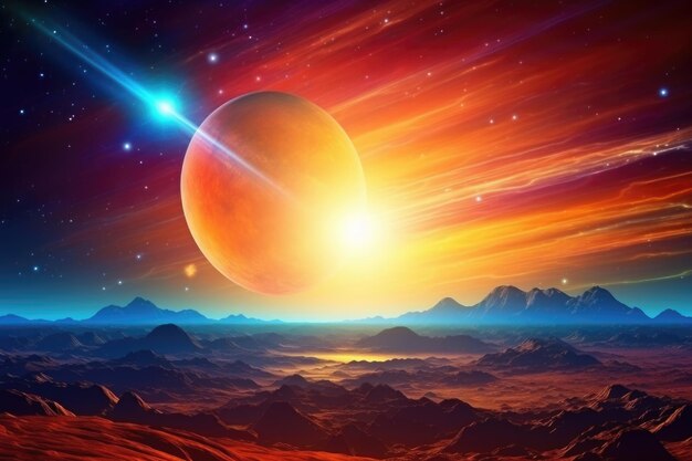 Foto kosmische landschaft mit mars-sonnenaufgangssternen und fremder galaxie