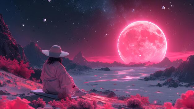 Foto kosmischer eskapismus fantasy-szene in rosa farben eine frau beobachtet den kosmischen himmel