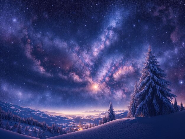 Kosmischer Himmel voller leuchtender Sterne über einer Winterlandschaft in der Weihnachtsnacht Generative KI