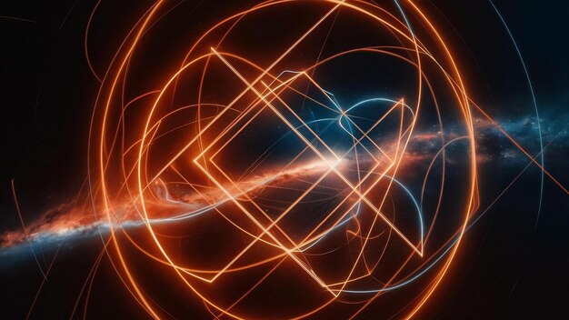 Kosmischer Hintergrund mit orangefarbenen und blauen Laserlichtmustern, perfekt für eine digitale Tapete