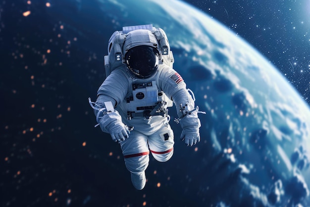 Kosmisches Ballett Astronaut, der gegen die Pracht der Erde schwebt