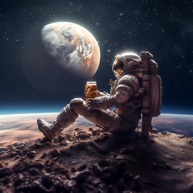 Kosmonaut genießt Bier im Weltraum. Kosmische Erfrischung am Biertag. KI generiert