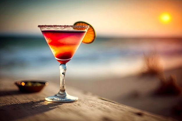 Kosmopolitischer Cocktail bei einem wunderschönen Sonnenuntergang am Strand Generative AI