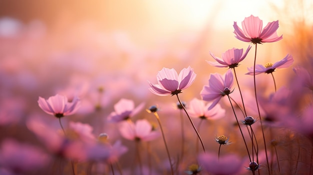 Kosmosblumen blühen hell unter der warmen Sonne und zeigen ihre lebendigen Farben und zarten Blütenblätter.