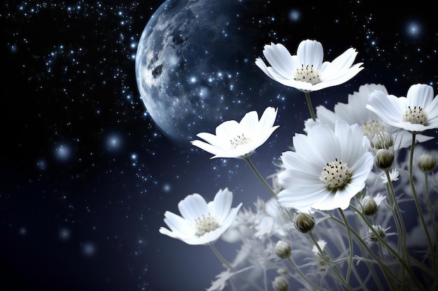 Kosmosblumen und Mond am Nachthimmel Elemente dieses Bildes eingerichtet