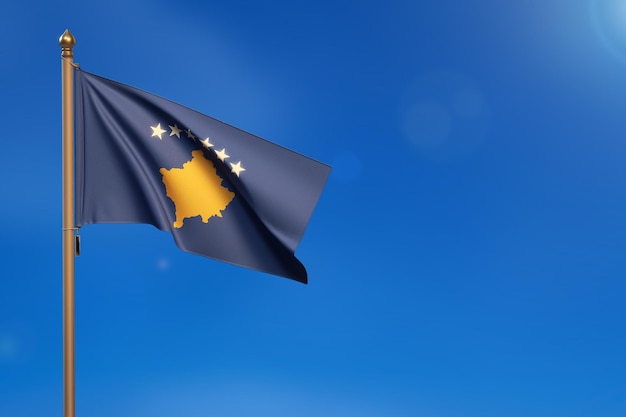 Foto kosovo-flagge weht vom wind mit blauem himmel im hintergrund