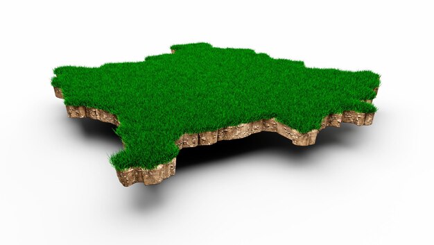 Kosovo-Karte Bodengeologie Querschnitt mit grünem Gras und Felsboden Textur 3D-Darstellung