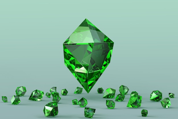 Foto kostbarer smaragdstein mit streuung kleiner grüner kristalle auf dem hintergrund, 3d-rendering. realistische mineralische edelsteine, glänzende juwelenfelsen, natürliche edelsteine, saphir, turmalin oder diamant