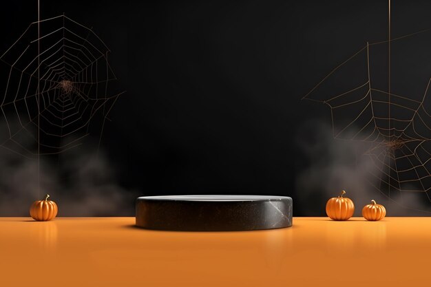 Kostenlose 3D-gerenderte Halloween-Podiumsplattform für die Produktpräsentation mit minimalistischem Dunst und Kürbis