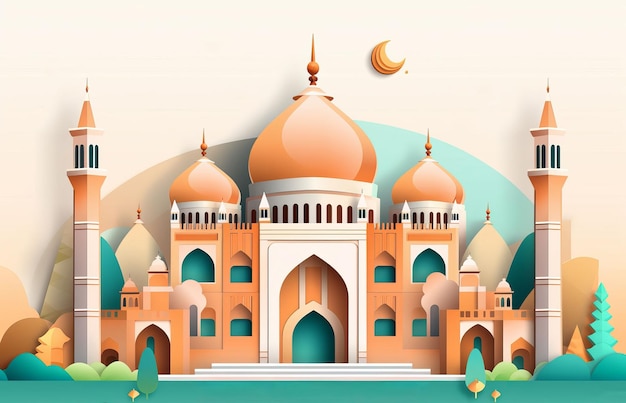 Kostenlose Eid Mubarak realistische Silhouette von Mond und Moschee Generative KI