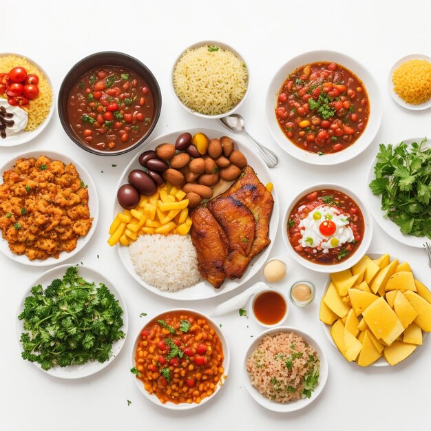Kostenlose flache Fotokomposition mit köstlichem brasilianischem Essen in weißem Hintergrundbild ai generativ
