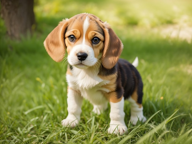 Kostenlose Foto alter beagle-welpe, der im sommer auf grünem gras steht