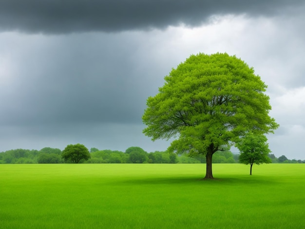 Kostenlose Foto-Graslandschaft mit einem Baum und einer Regenwolke