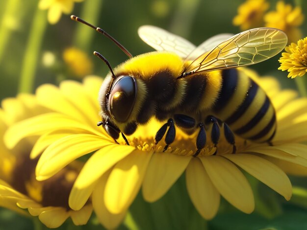 Kostenlose Foto-Nahaufnahme eines gelben Honigs. Eine niedliche, flauschige Biene. Mikrofoto generative KI
