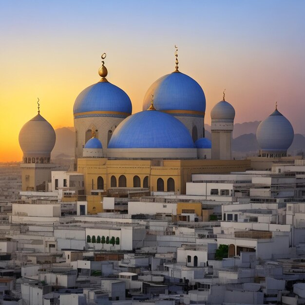 Kostenlose Foto Ramadan Kareem Eid Mubarak Moschee am Abend mit Sonnenlicht Hintergrund