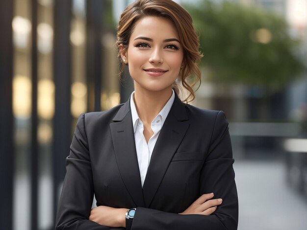 Foto kostenlose foto-smiley-geschäftsfrau, die im freien mit gekreuzten armen posiert und kopiert