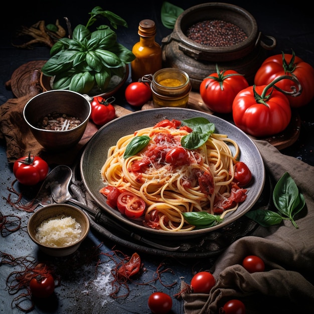 Kostenlose Foto-Tagliatelle-Nudeln mit Tomaten und Hühnchen