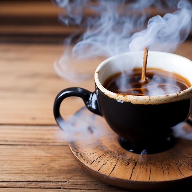 Foto kostenlose foto weiße tasse heißen kaffees mit zimt auf einer untertasse und bohnen auf einem hölzernen tisch realistisch