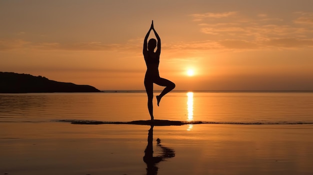 Kostenlose Foto-Yoga-Baum-Pose am Strand mit Sonnenuntergang