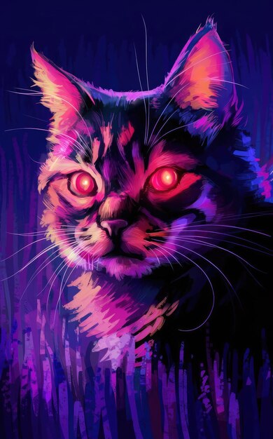 Kostenlose Fotoillustration einer Katze mit roten Augen im lila Licht