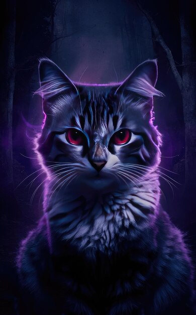 Kostenlose Fotoillustration einer Katze mit roten Augen im lila Licht