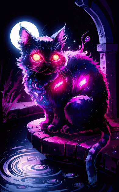 kostenlose Fotoillustration einer Katze mit roten Augen in lila Licht