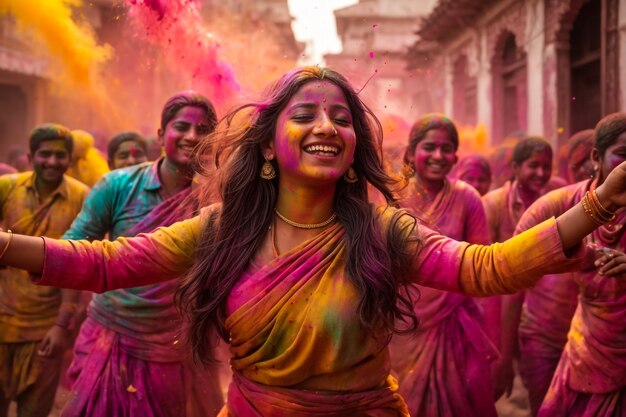 Kostenlose Nahaufnahme von zwei jungen Frauen, die ihre bemalten Hände mit Holi-Farbe zeigen