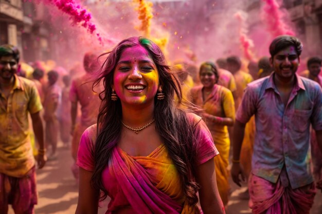 Kostenlose Nahaufnahme von zwei jungen Frauen, die ihre bemalten Hände mit Holi-Farbe zeigen