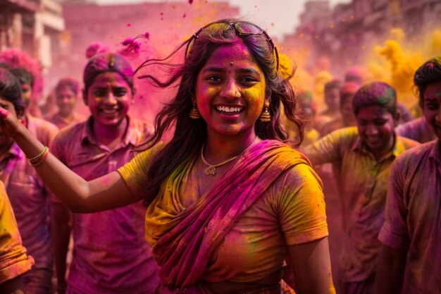 Foto kostenlose nahaufnahme von zwei jungen frauen, die ihre bemalten hände mit holi-farbe zeigen