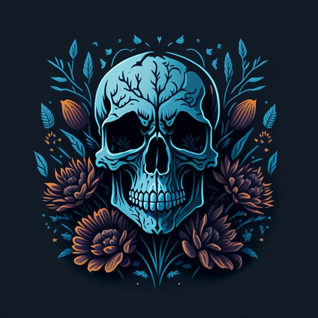 Kostenlose Vektorillustration von Schädel und Blumen auf T-Shirt