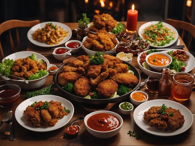 Kostenloser Foto-Esstisch mit gebratenen Fleischgerichten und Saucen