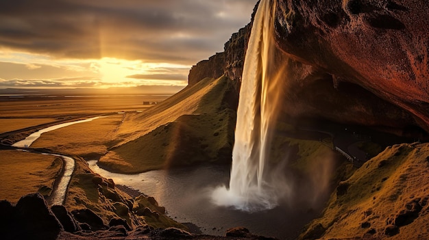 Kostenloser Foto Wasserfall fließt und Mitternacht Sonnenuntergang scheint im Sommer