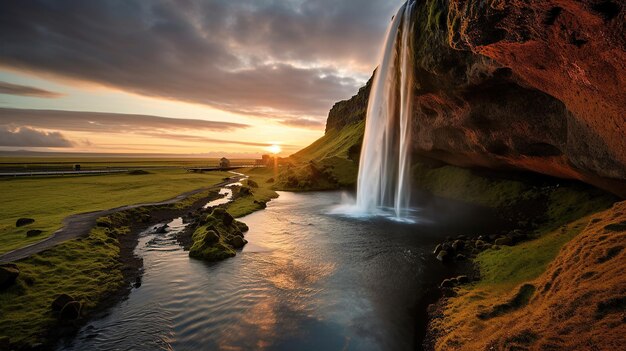 Kostenloser Foto Wasserfall fließt und Mitternacht Sonnenuntergang scheint im Sommer