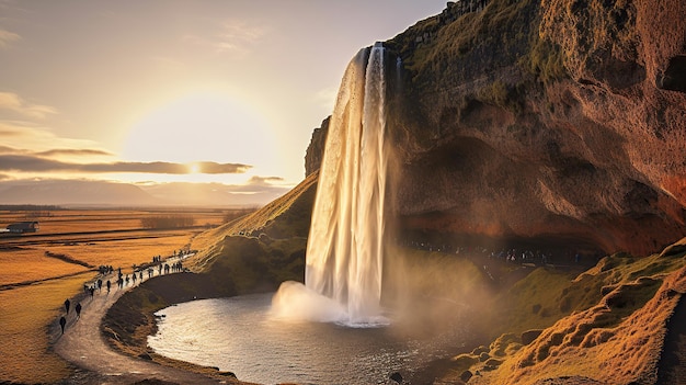 Kostenloser Foto Wasserfall fließt und Mitternacht Sonnenuntergang scheint im Sommer
