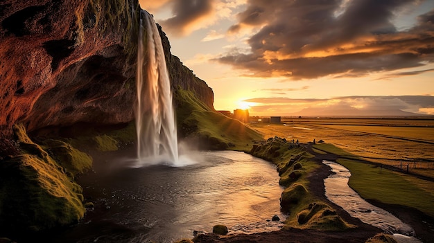 Kostenloser Foto Wasserfall fließt und Mitternacht Sonnenuntergang scheint im Sommer