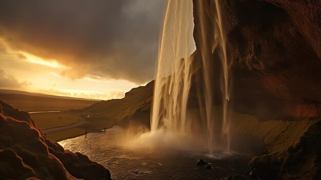 Kostenloser Foto Wasserfall fließt und Mitternacht Sonnenuntergang scheint im Sommer