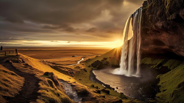 Kostenloser Foto Wasserfall fließt und Mitternacht Sonnenuntergang scheint im Sommer