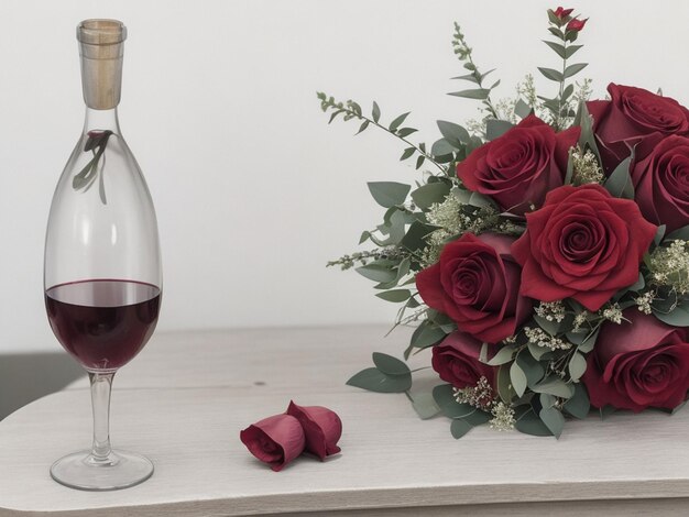 Kostenloser Foto-Weinstrauß aus Rosen und Heideschild auf grauem Tisch