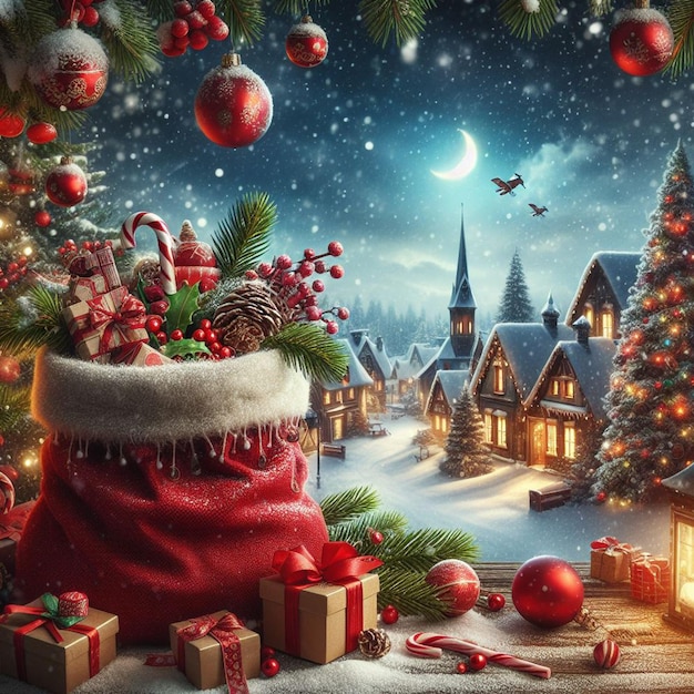 Kostenloser Weihnachtsferien-Hintergrund mit einem roten Sack voller Geschenke und einem Winterdorf