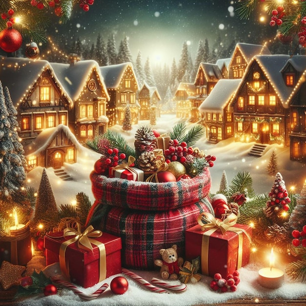Foto kostenloser weihnachtsferien-hintergrund mit einem roten sack voller geschenke und einem winterdorf