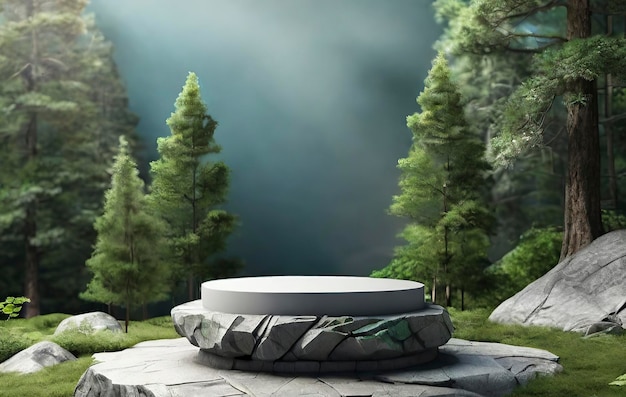 Kostenloses 3D-Rendering von Granit-Stein-Podium im Wald mit Berghintergrund