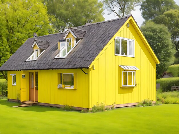 Kostenloses Foto charmantes gelbes Haus mit hölzernen Fenstern und grünem grasbewachsenen Garten