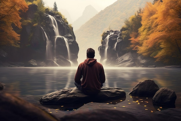 Kostenloses Foto: Ein Mann sitzt auf einem Felsen vor einem Wasserfall
