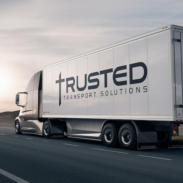 Kostenloses Foto Ein moderner Lastwagen mit einem weißen Anhänger mit der Aufschrift Trusted Transport Solutions