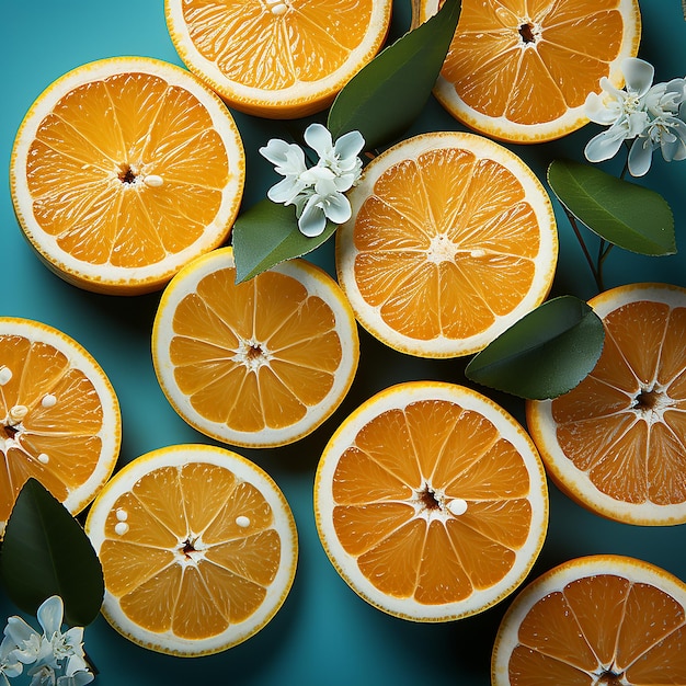 Kostenloses Foto ein Muster aus Orangenscheiben auf türkisfarbenem Hintergrund