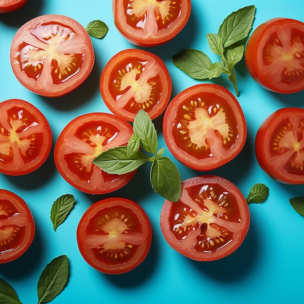 Kostenloses Foto ein Tomatenscheibenmuster auf türkisfarbenem Hintergrund