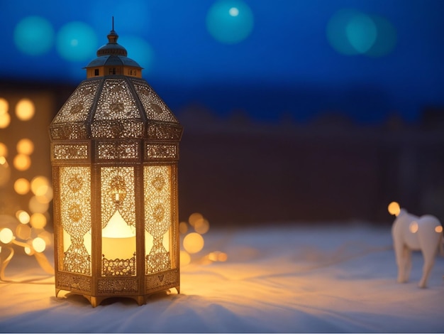 Kostenloses Foto einer islamischen Laterne mit Bokeh-Lichtern im Hintergrund für Adha und Fitr Eid