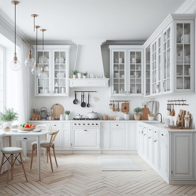 Kostenloses Foto einer Küche mit weißen Wänden und weißen Schränken