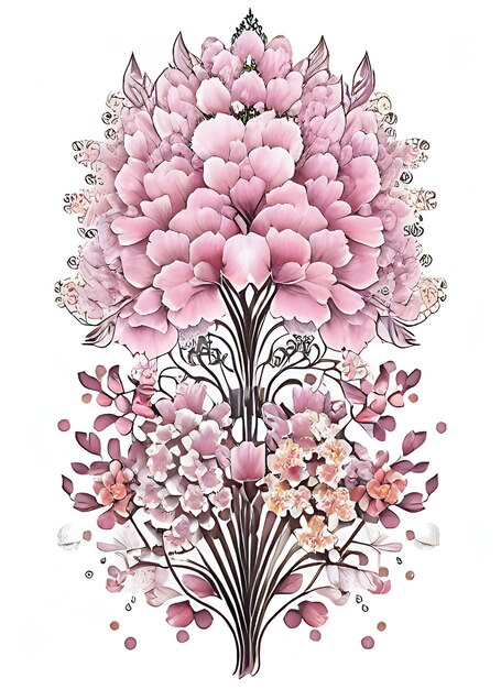 Kostenloses Foto eines komplizierten barocken Sakura-Blüten-Aquarell-Umriss-Tattoo-Blumenbaums